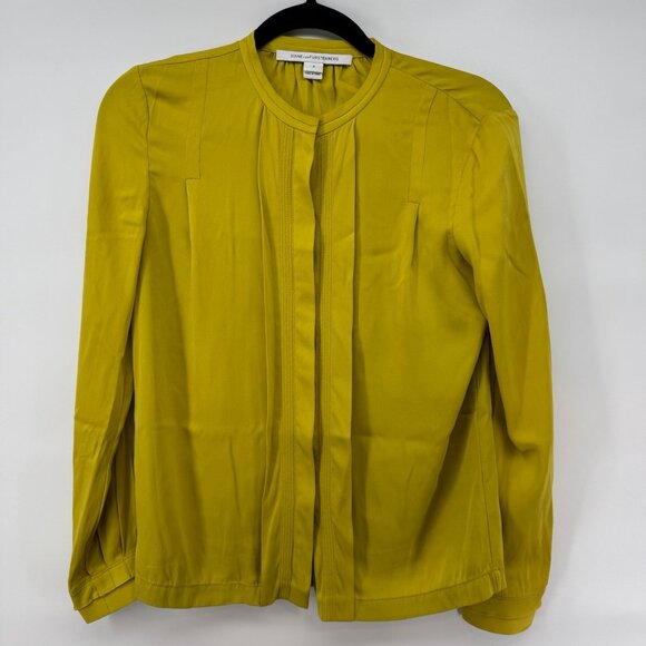 Diane von Furstenberg 100% Silk Mock Neck Button Up Yellow Blouse Shirt - Picture 2 of 9